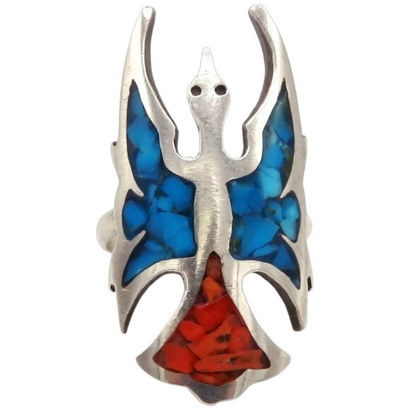 Vintage Navajo Sterling Silver Native American Peyote Bird Coral Turquoise Ring - Picture 1 of 11